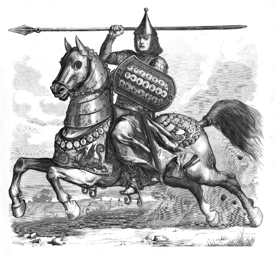 Grafika przedstawiająca Trojdena I, księcia czerskiego, na koniu w pełnym uzbrojeniu.