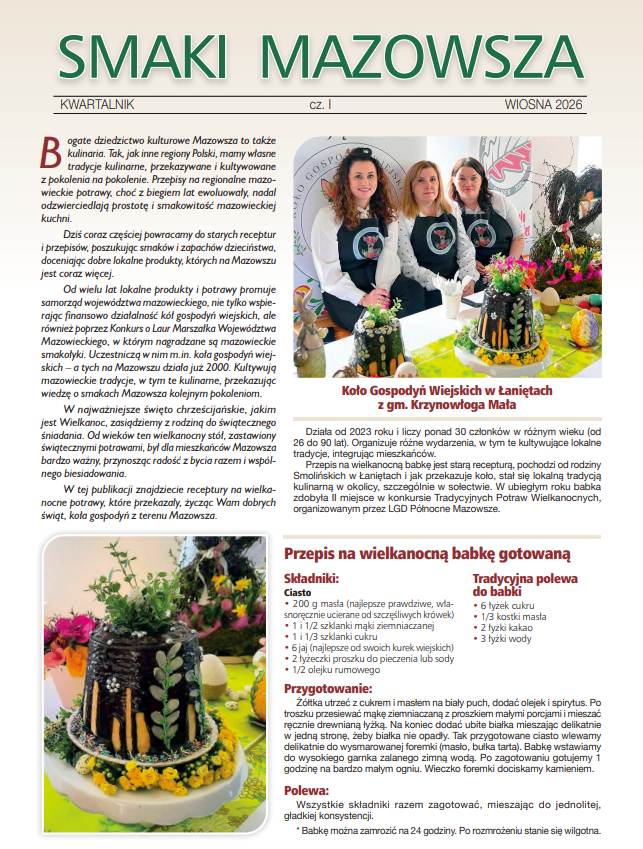 dodatek do tygodnika ciechanowskiego, Smaki Mazowsza. Strona zawiera artykuł o tradycjach wielkanocnych, zdjęcie członkiń Koła Gospodyń Wiejskich w Łaniętach oraz przepis na wielkanocną babkę gotowaną z tradycyjną polewą.