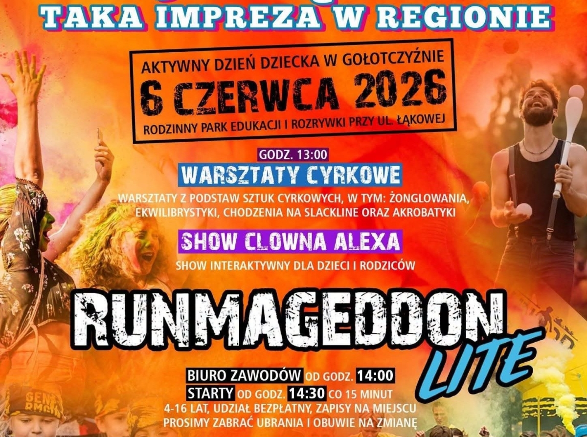 Aktywny Dzień Dziecka w Gołotczyźnie. W programie Runmageddon Lite, bitwa kolorów i warsztaty cyrkowe