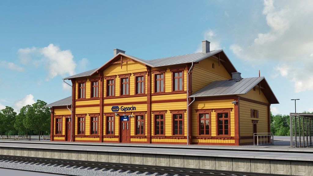 Wizualizacja zabytkowego dworca PKP w Gąsocinie po modernizacji. Drewniana elewacja budynku
