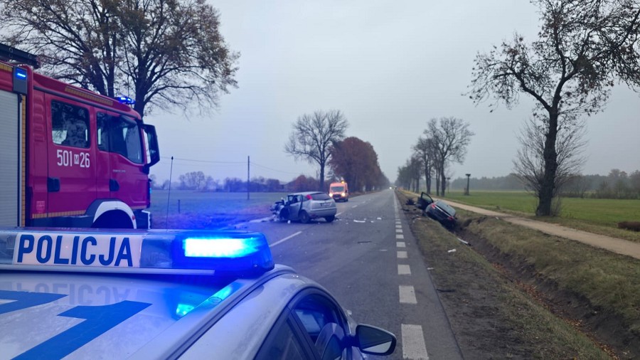 Czołowe zderzenie na drodze krajowej. Droga zablokowana