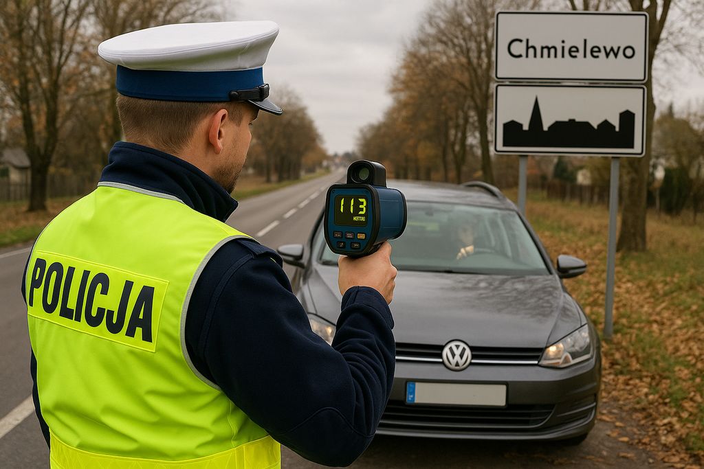 Policjant drogówki podczas kontroli prędkości miernikiem ręcznym na drodze w terenie zabudowanym